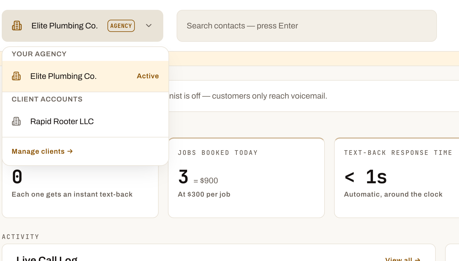 The RingBack dashboard's account switcher open, showing an agency's own account with an Agency badge and a client sub-account below it